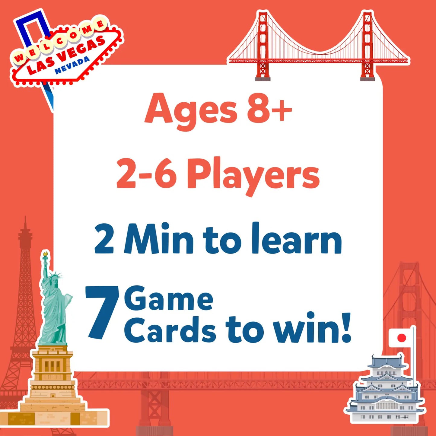 Game box cover of Guess in 10 Cities Around The World trivia card game for ages 8+