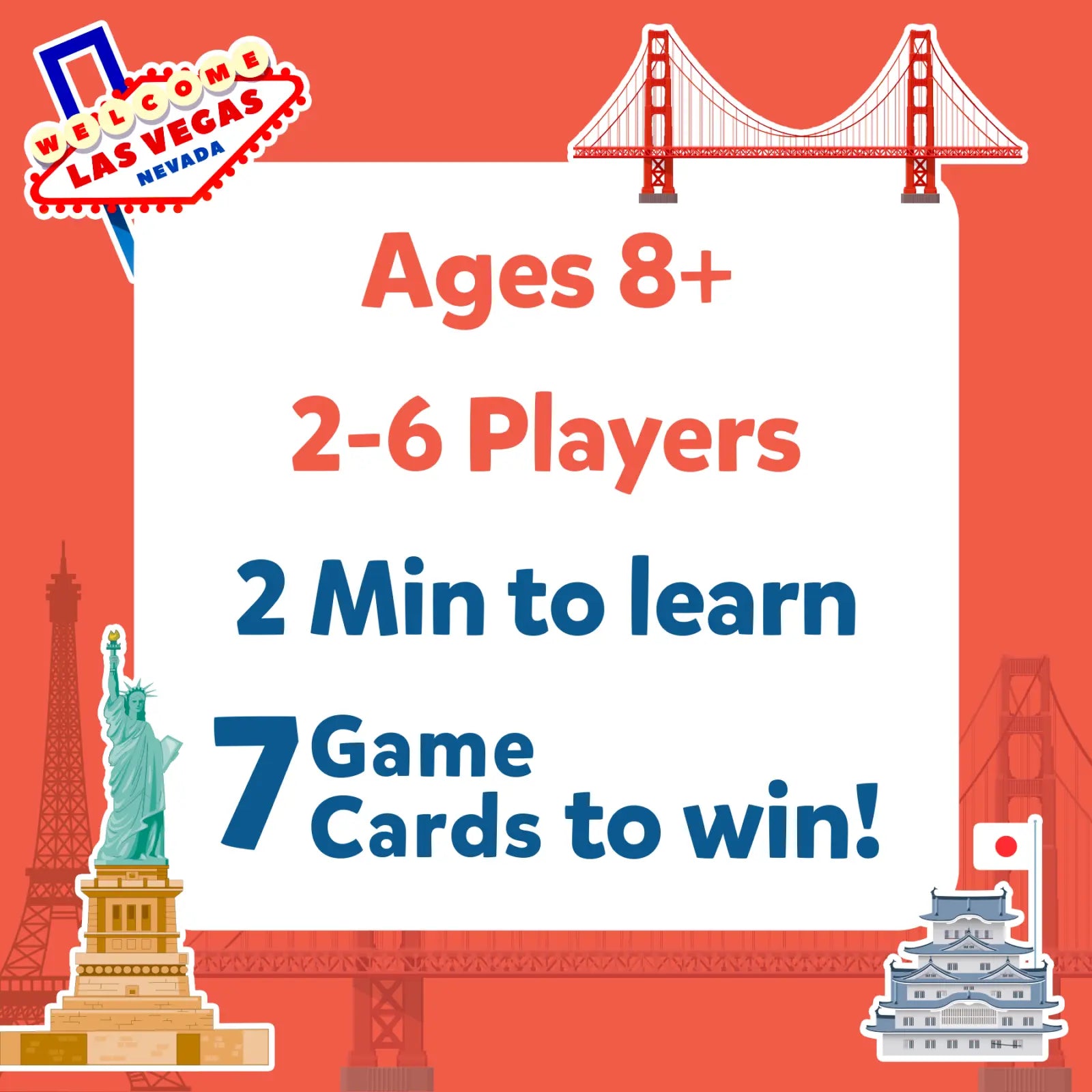 Game box cover of Guess in 10 Cities Around The World trivia card game for ages 8+