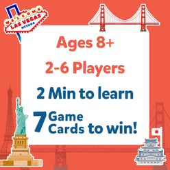 Game box cover of Guess in 10 Cities Around The World trivia card game for ages 8+