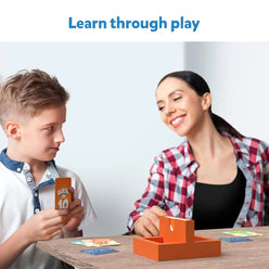 Orange card game box for Guess in 10 Countries of the World trivia game for ages 8+