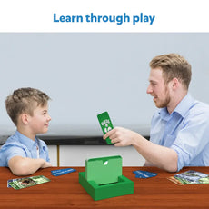 Green card game with card holder for Guess in 10 Deadly Dinosaurs trivia game