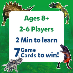 Dinosaur-themed game advertisement for Guess in 10 Deadly Dinosaurs trivia card game