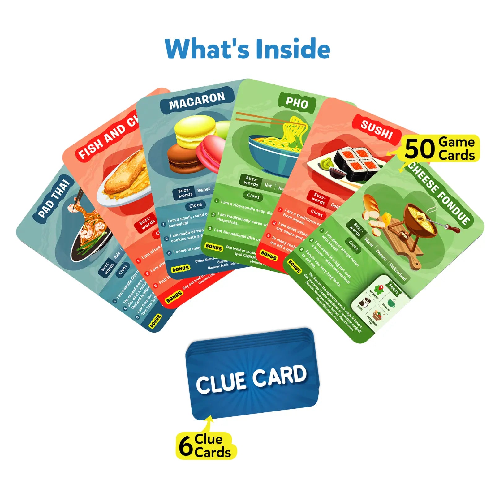 Food-themed clue card game for ages 8+ in Guess in 10 Foods Around The World trivia set