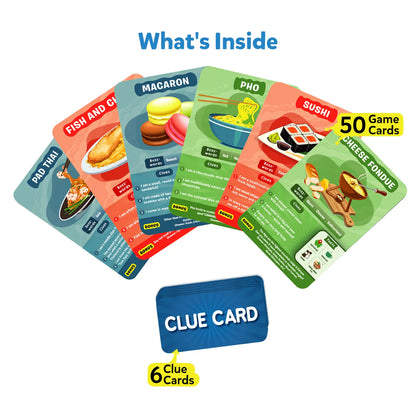 Food-themed clue card game for ages 8+ in Guess in 10 Foods Around The World trivia set