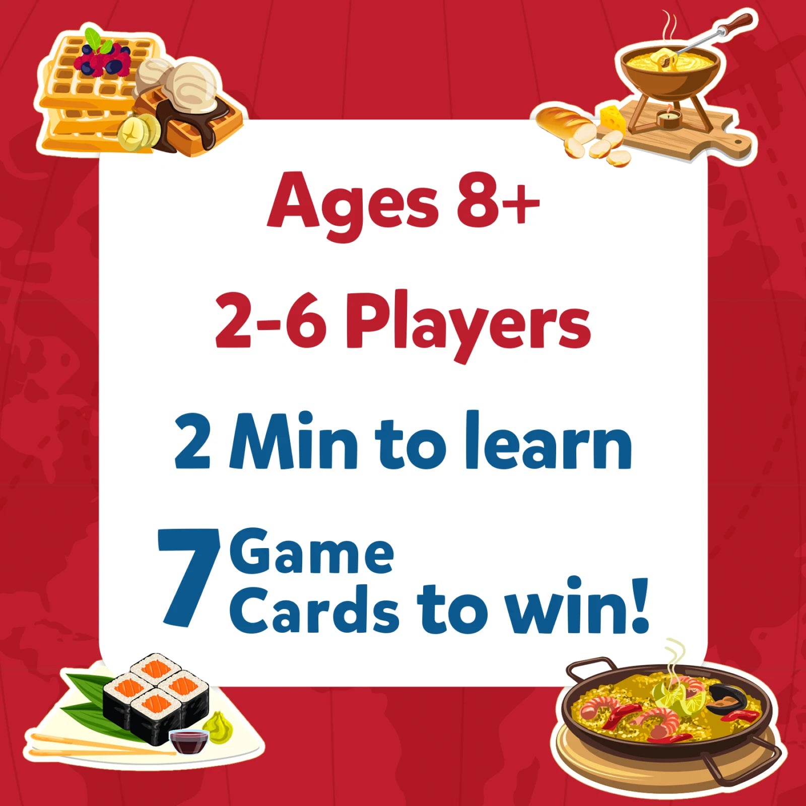 Game information card from Guess in 10 Foods Around The World trivia card game for ages 8+