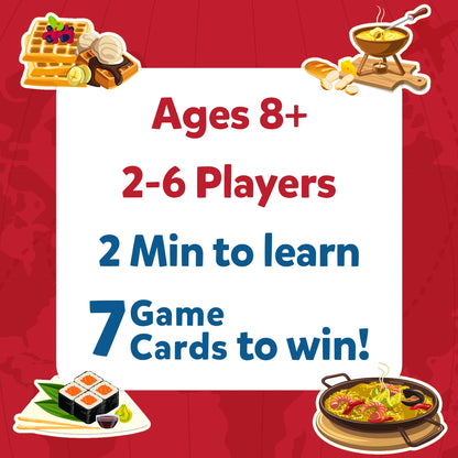 Game information card from Guess in 10 Foods Around The World trivia card game for ages 8+