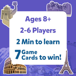 Educational game advertisement for Guess in 10 Legendary Landmarks trivia card game for ages 8+
