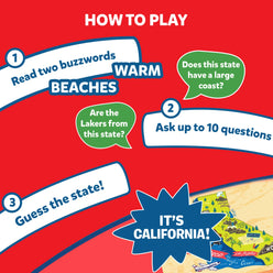 Game instructions for guessing California on Guess in 10 States Of America trivia card game