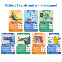 State-themed collectible cards from Guess in 10 States of America trivia game for ages 8+