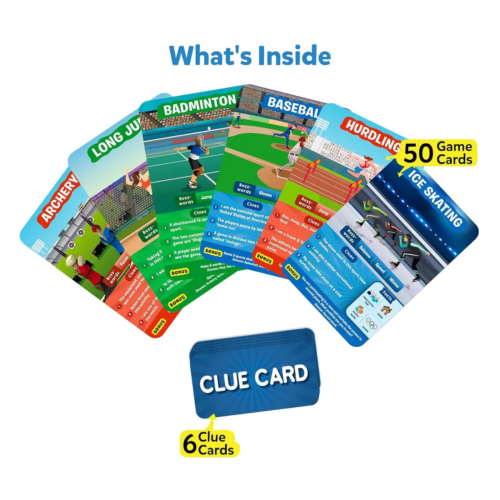 Sports-themed clue card game from Guess in 10 World Of Sports trivia for ages 6+