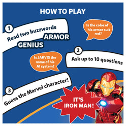 Iron Man guessing game instructions from Marvel Trivia card game for ages 8 and up
