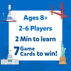 Educational game advertisement for Guess in 10 American Cities trivia card game for ages 8+