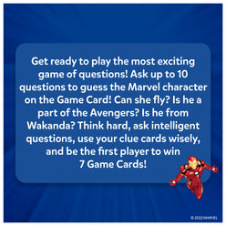Marvel guessing game advertisement for Guess in 10 Marvel trivia card game ages 8+