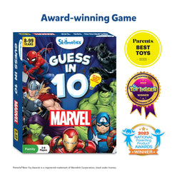 Marvel Guess in 10 board game with trivia cards for ages 8 and up