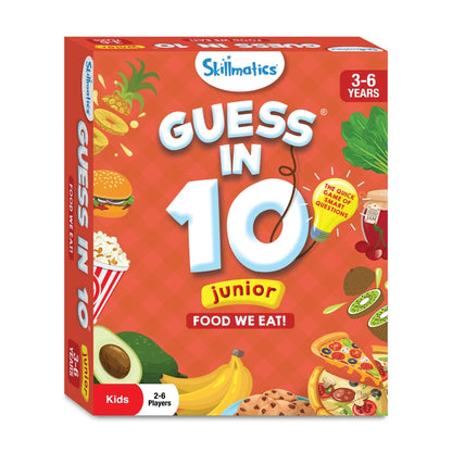 Guess in 10 Junior Food game trivia card for ages 3 to 6 featuring popular foods