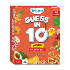 Guess in 10 Junior Food game trivia card for ages 3 to 6 featuring popular foods