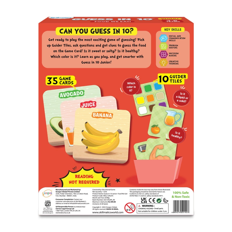 Guess in 10 Junior Food We Eat trivia card game box for ages 3 to 6