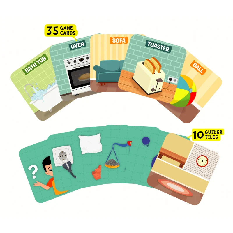 Game cards and tiles from Inside My House board game for family fun and strategy