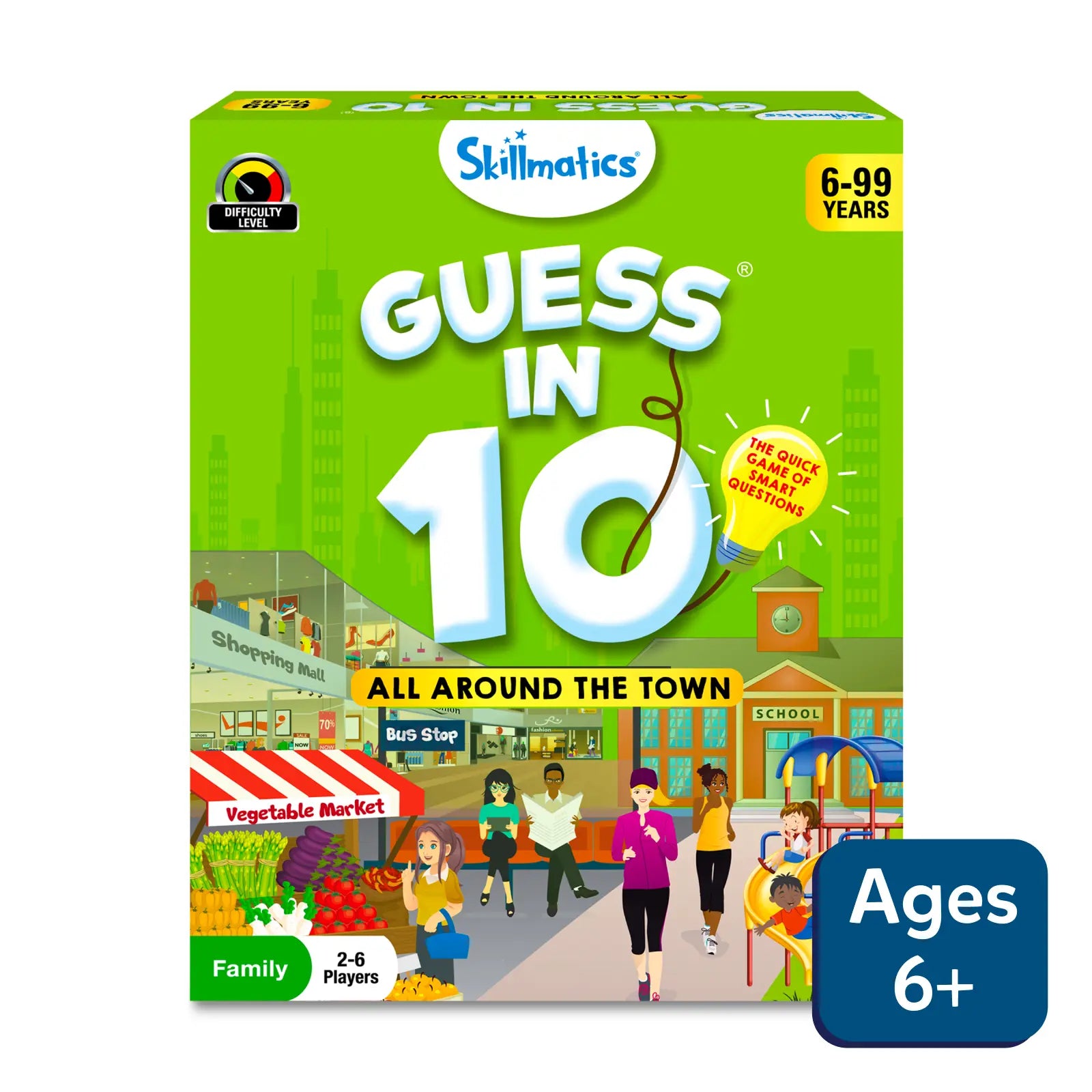 Guess in 10 board game with All Around The Town trivia cards for ages 6 and up