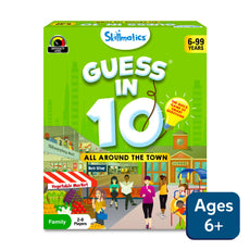 Guess in 10 board game with All Around The Town trivia cards for ages 6 and up