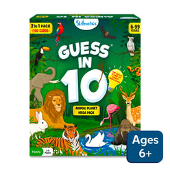 Packaging for 'Guess in 10: Animal Planet Mega Pack' trivia card game with illustrations of various animals and children playing the game.