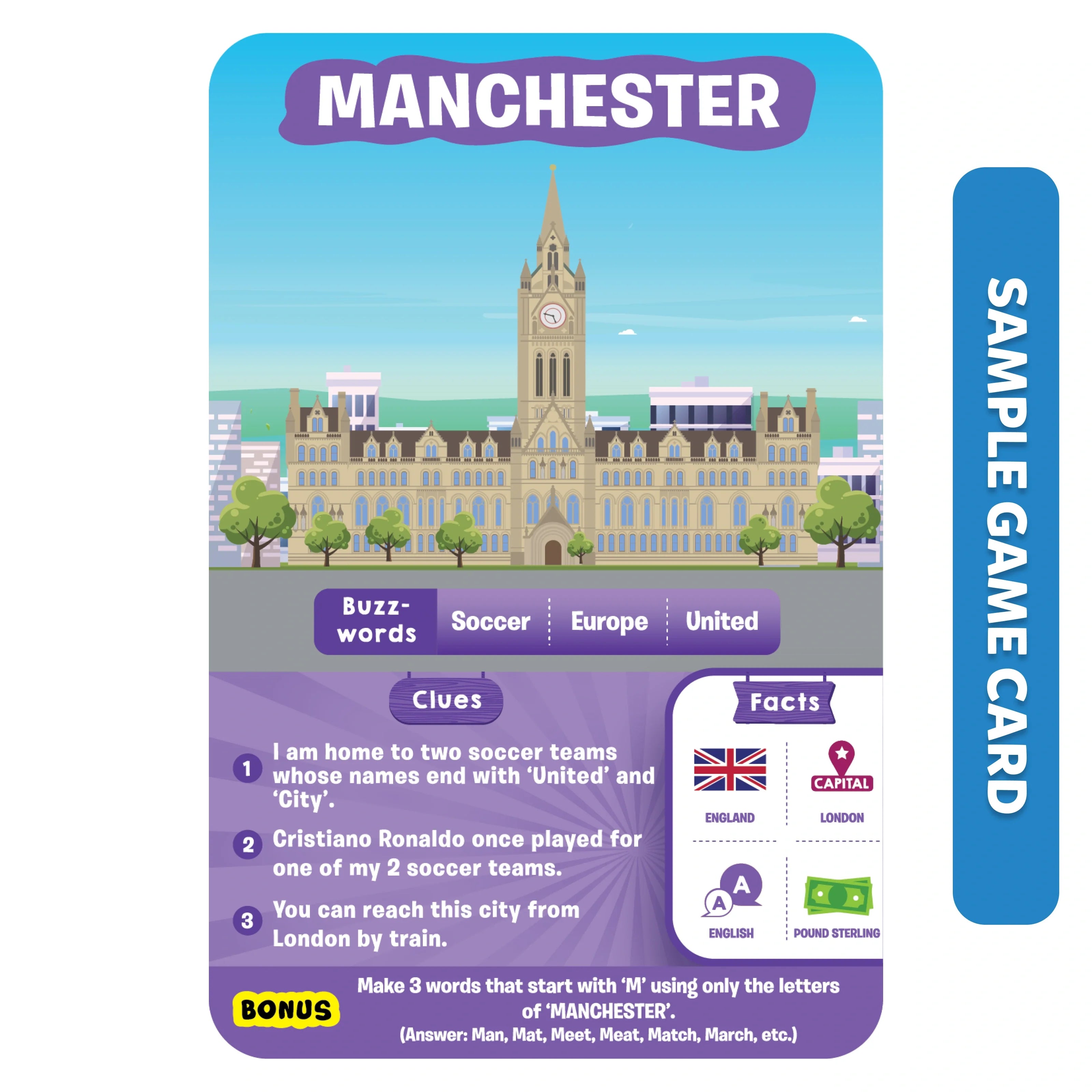 Manchester-themed game card from Cities Around The World board game
