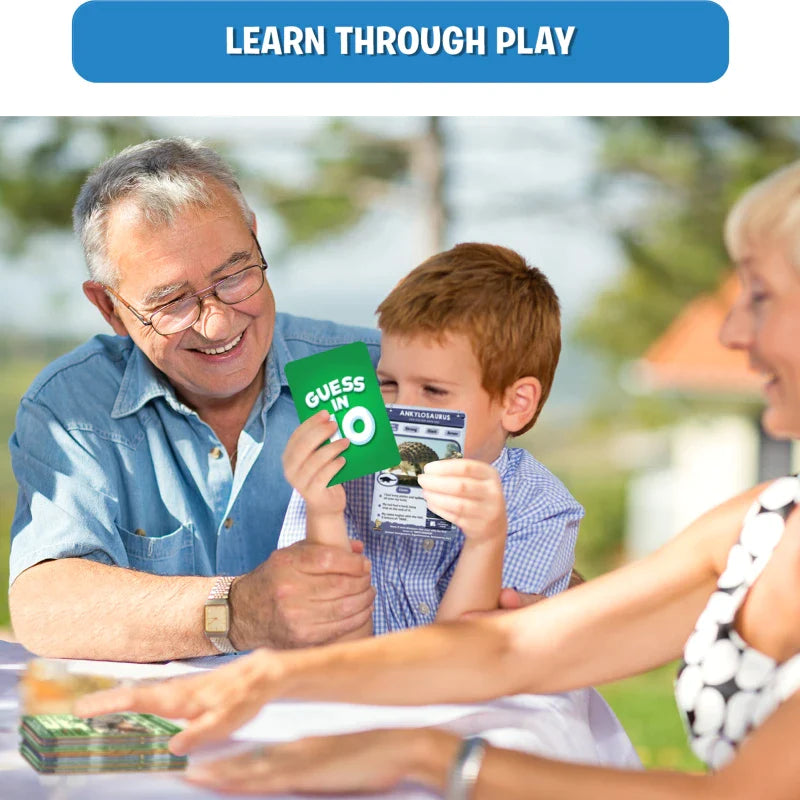 Guess in 10 card game from Deadly Dinosaurs featuring prehistoric dinosaur artwork