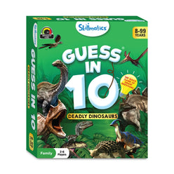 Guess in 10 Deadly Dinosaurs trivia card game box for ages 8 and up
