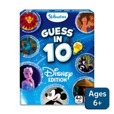 Guess in 10 Disney Edition game box for ages 6+ featuring Disney-themed trivia cards