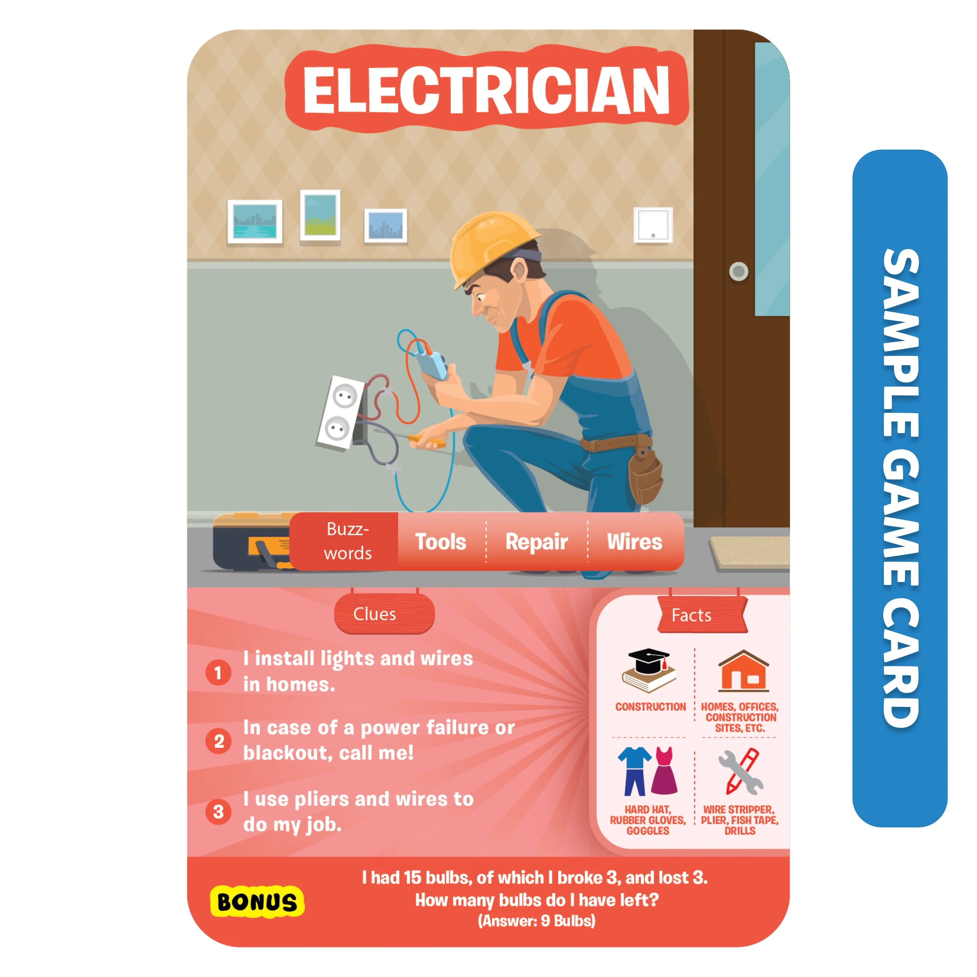 Sample game card for 'Electrician' with clues and buzz words: Tool, Repair, Wire. Clues describe an electrician’s job, including working with circuits, fixing power systems, and ensuring safety