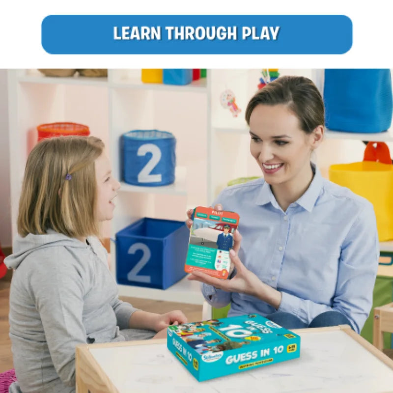 A mom and child playing a fun guessing game together. The child is learning through play, happily making a guess in under 10 seconds while the mom smiles and joins in.