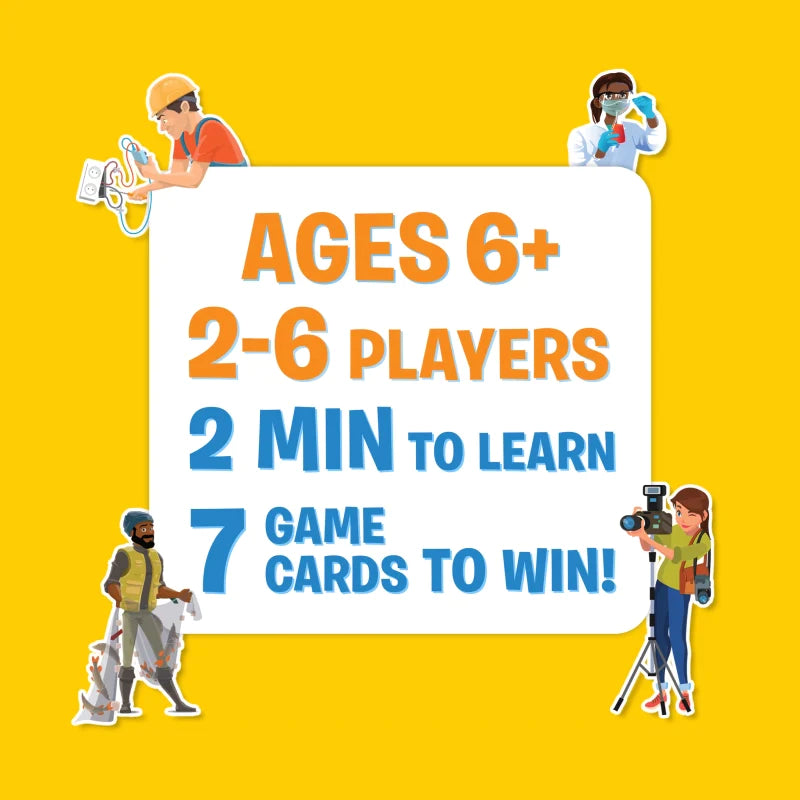 Game for ages 6 and up, 2 to 6 players. Takes 2 minutes to learn. Win by being the first to collect 7 game cards