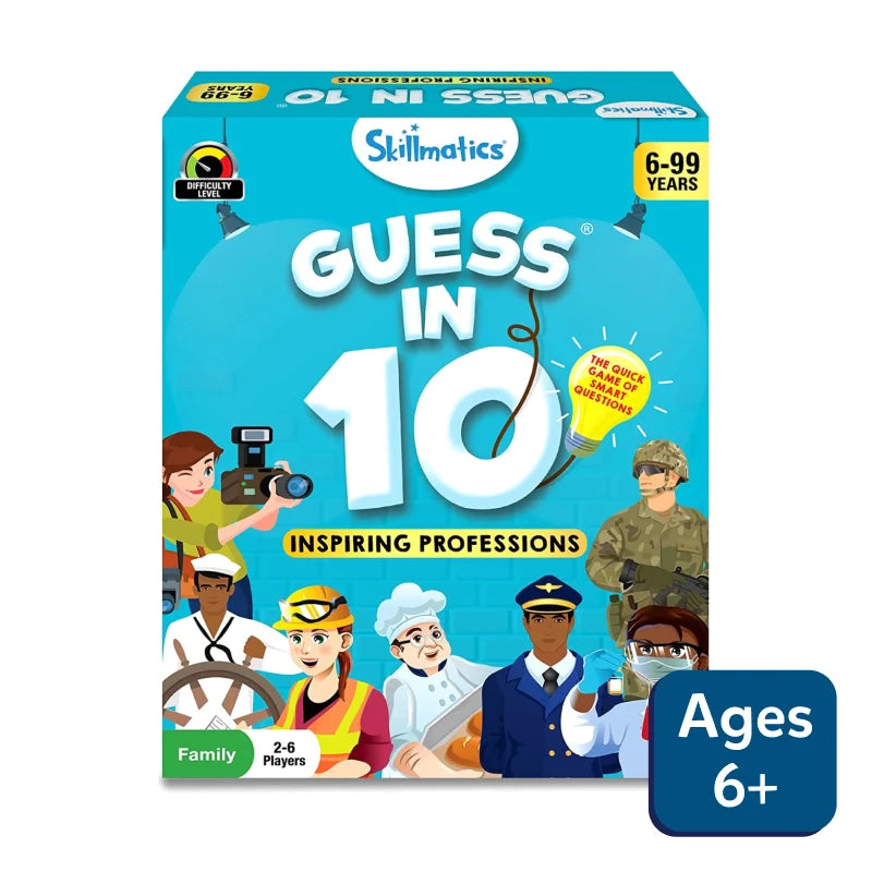 Boxed educational game 'Guess in 10' featuring various professions, designed for family fun and suitable for ages 6+.