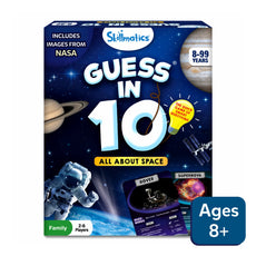 Space-themed Guess in 10 trivia card game for ages 8 and up with space illustrations