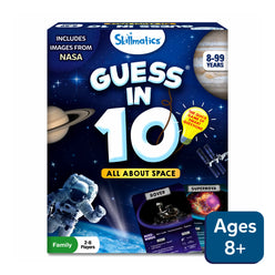 Space-themed Guess in 10 trivia card game for ages 8 and up with space illustrations
