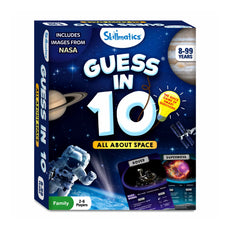 Guess in 10 space-themed trivia card game for ages 8+ with celestial illustrations