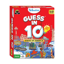 Guess in 10 States of America game displayed with colorful state cards and game box