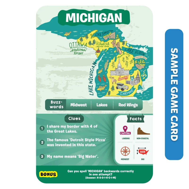 Michigan state game card from the States Of America product showcasing Michigan landmarks