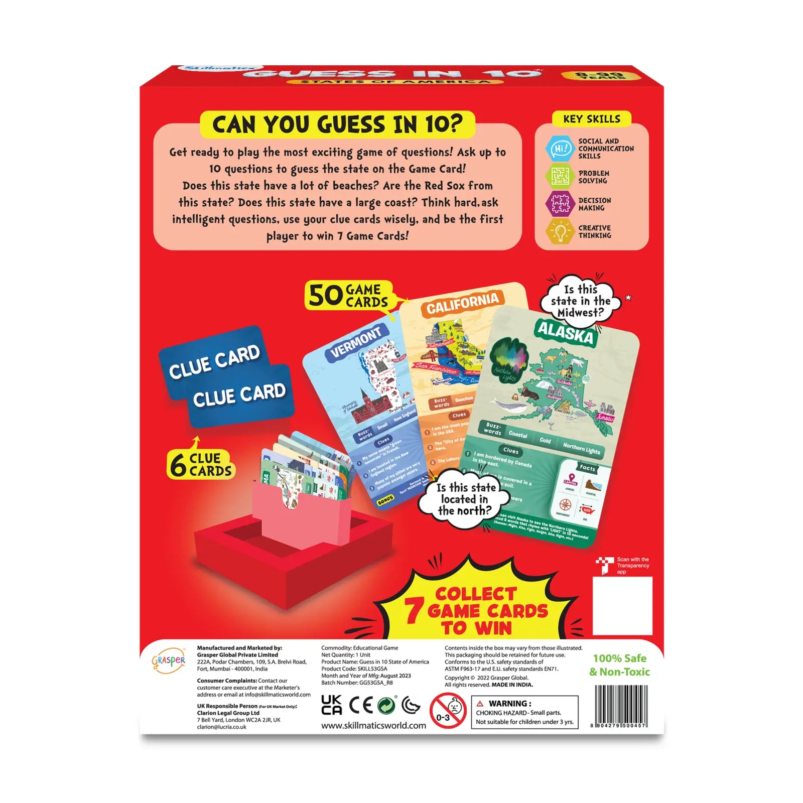 Guess in 10 States of America trivia card game for ages 8+ with state map and game pieces