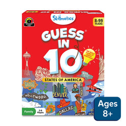 Guess in 10 States of America trivia card game box for ages 8 and up