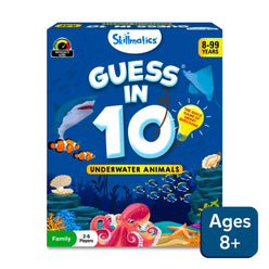 Guess in 10 underwater animals trivia card game box for ages 8 plus featuring ocean creatures