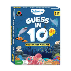Guess in 10 Underwater Animals board game box for ages 8 and up, fun sea creature trivia