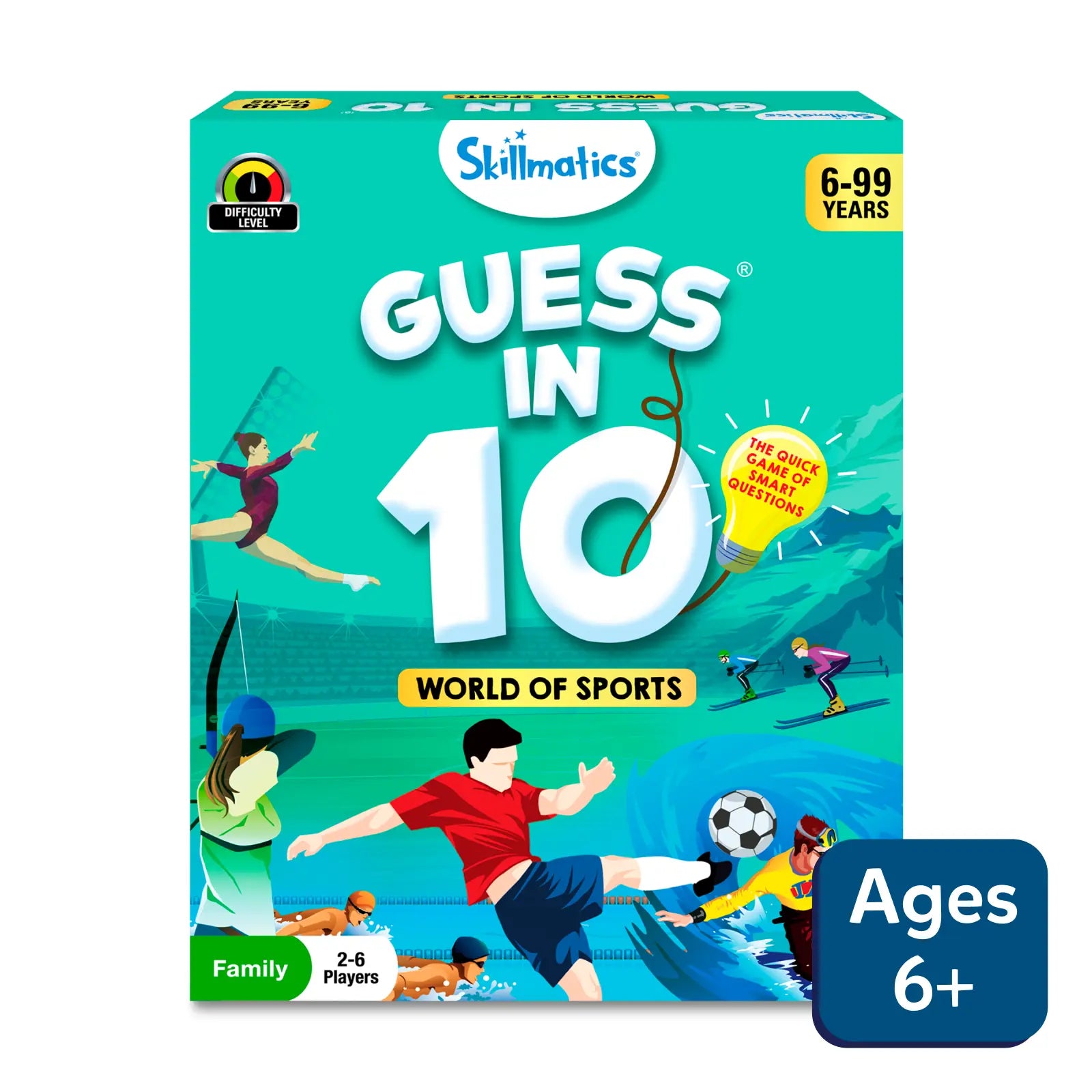 Guess in 10 World of Sports trivia card game for ages 6 plus featuring sports questions