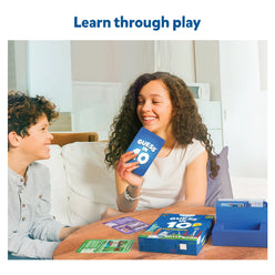 Guess in 10 American Cities trivia card game for ages 8+ showing city clues and game box