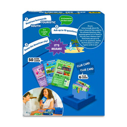 Guess in 10 American Cities trivia card game for ages 8+ featuring cityscape images