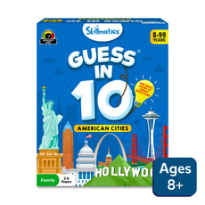 Guess in 10 American Cities trivia card game for ages 8+ showing gameplay design