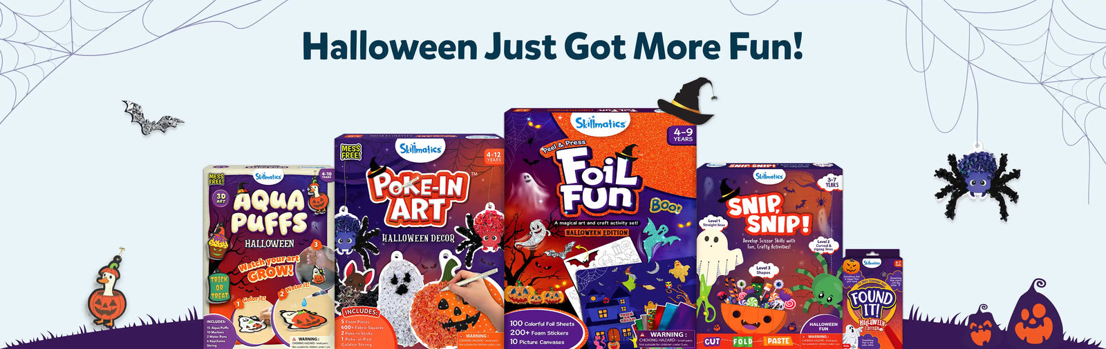 Halloween Collection: Halloween Just Got More Fun! Discover Skillmatics Halloween-themed arts and crafts kits, including Aqua Puffs, Poke-In Art, Foil Fun, Snip Snip, and Found It! for creative Halloween activities. Shop the collection.