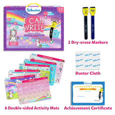 Unicorn-themed educational writing kit for preschoolers from I Can Write Unicorn Edition