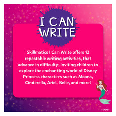 Promotional graphic for Skillmatics I Can Write product with Disney Princess theme on a pink and purple gradient background.