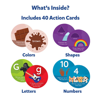 Educational card with colors, shapes, letters, and numbers for children.